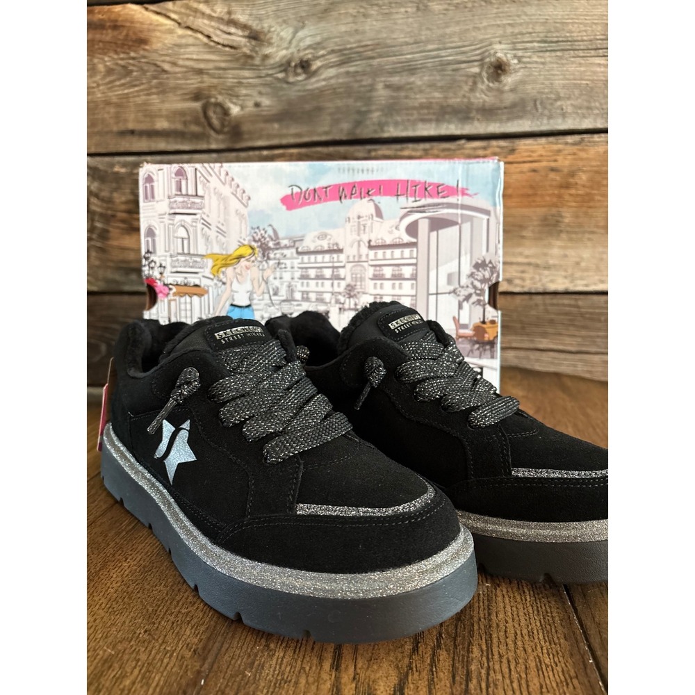 Skechers Street Hikers Keepsakes Cozy Star Black Suede Platform Sneakers 9 NEW